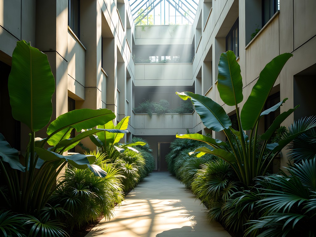 Dramatic light patterns through tropical plants against concrete brutalist architecture in Barbican Conservatory