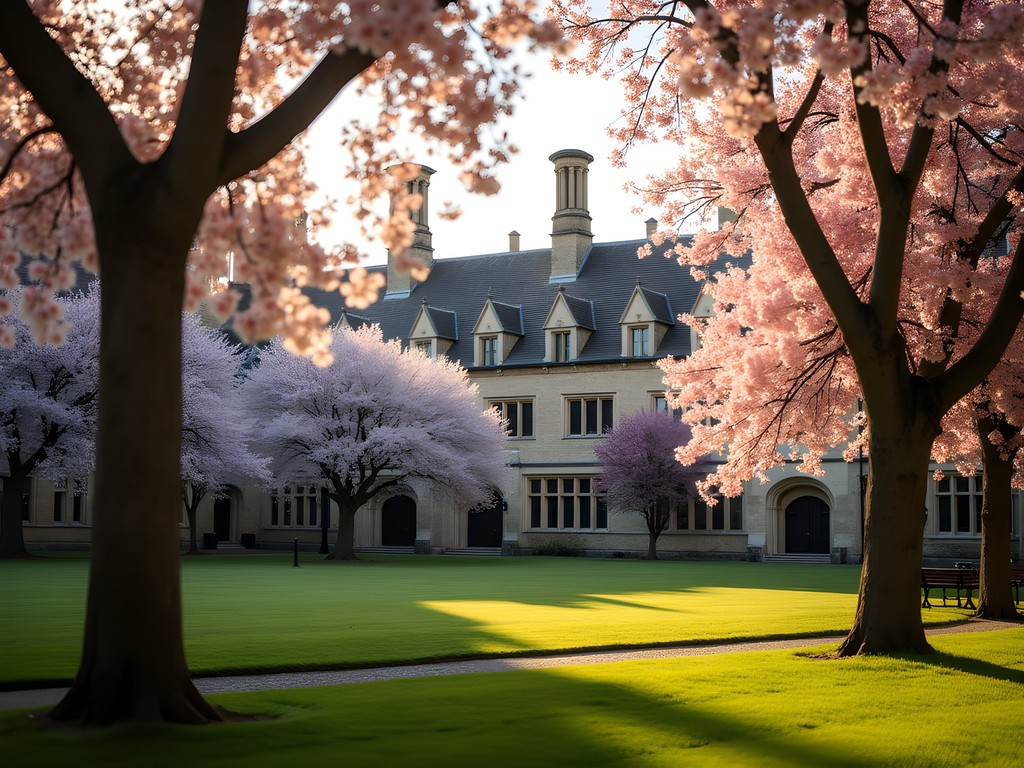 Cherry blossoms framing historic buildings in Lincoln's Inn gardens, London