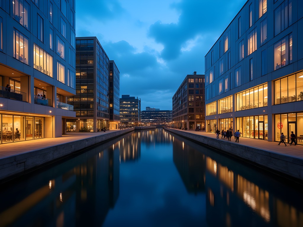 Modern architecture reflecting in still waters of Paddington Basin at blue hour, London
