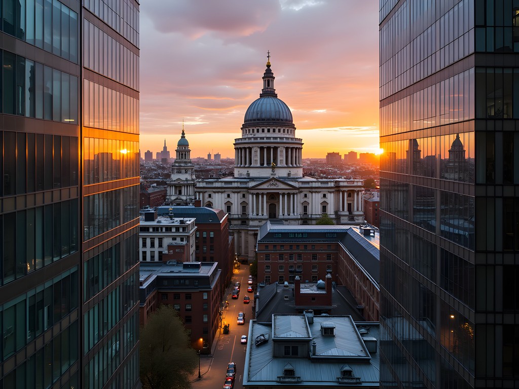 St. Paul's Cathedral framed by modern glass architecture at sunset from One New Change rooftop