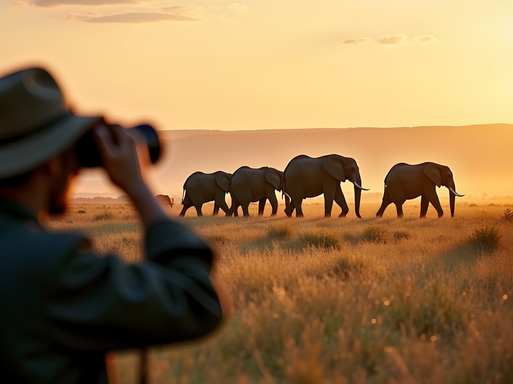 Elephant herd crossing Maasai Mara with conservationist observing in foreground
