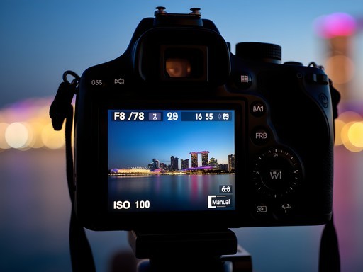 Camera LCD screen showing settings for night photography at Marina Bay Singapore