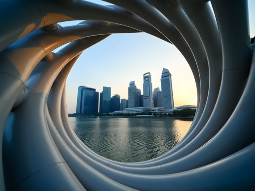 Marina Bay skyline framed through architectural elements