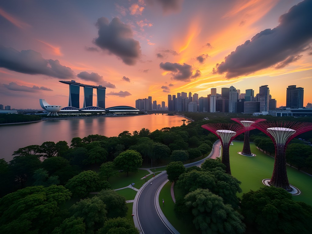 Secret viewpoint of Marina Bay Singapore skyline at sunset