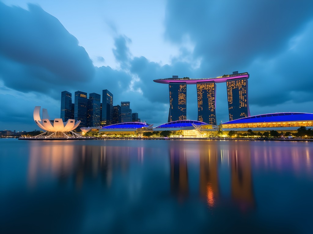 Blue hour photography of Marina Bay Singapore skyline with reflections in water