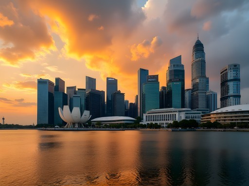 Photographer capturing Marina Bay Singapore skyline during golden hour
