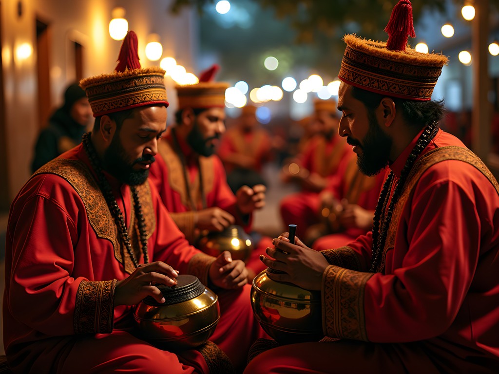 Gnawa musicians performing traditional music at night in Marrakech with motion blur capturing movement