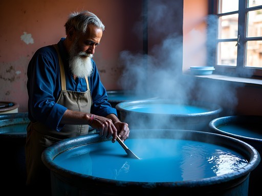Traditional dye workshop in Marrakech medina showing vibrant colors and artisan at work