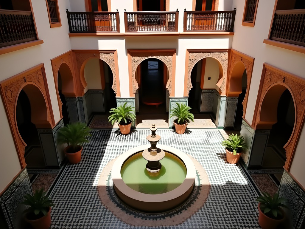 Overhead view of traditional riad courtyard in Marrakech showing geometric garden design and architectural details