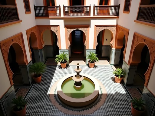Overhead view of traditional riad courtyard in Marrakech showing geometric garden design and architectural details