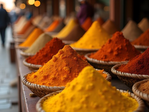 Vibrant display of colorful spices in pyramids at a traditional market in Marrakech