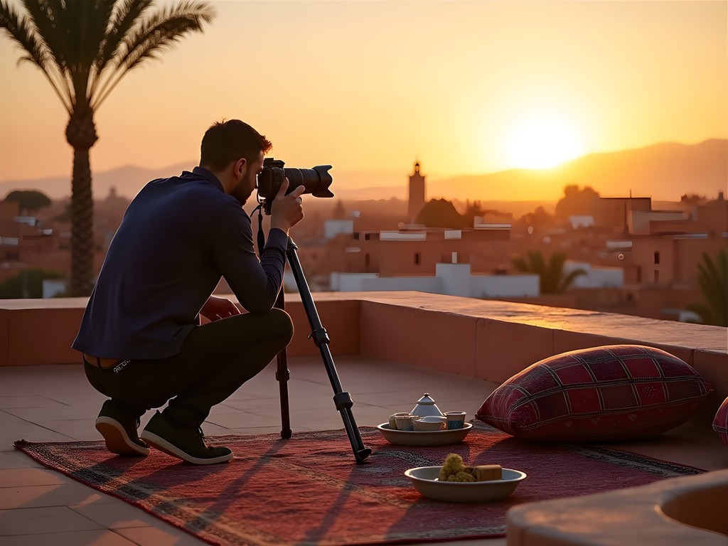 Photographer capturing sunset over Marrakech medina from rooftop viewpoint