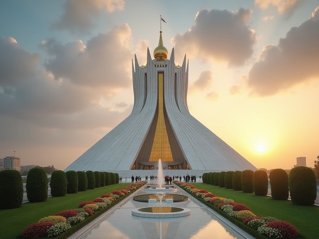 White marble Wedding Palace building in Ashgabat, Turkmenistan at sunset