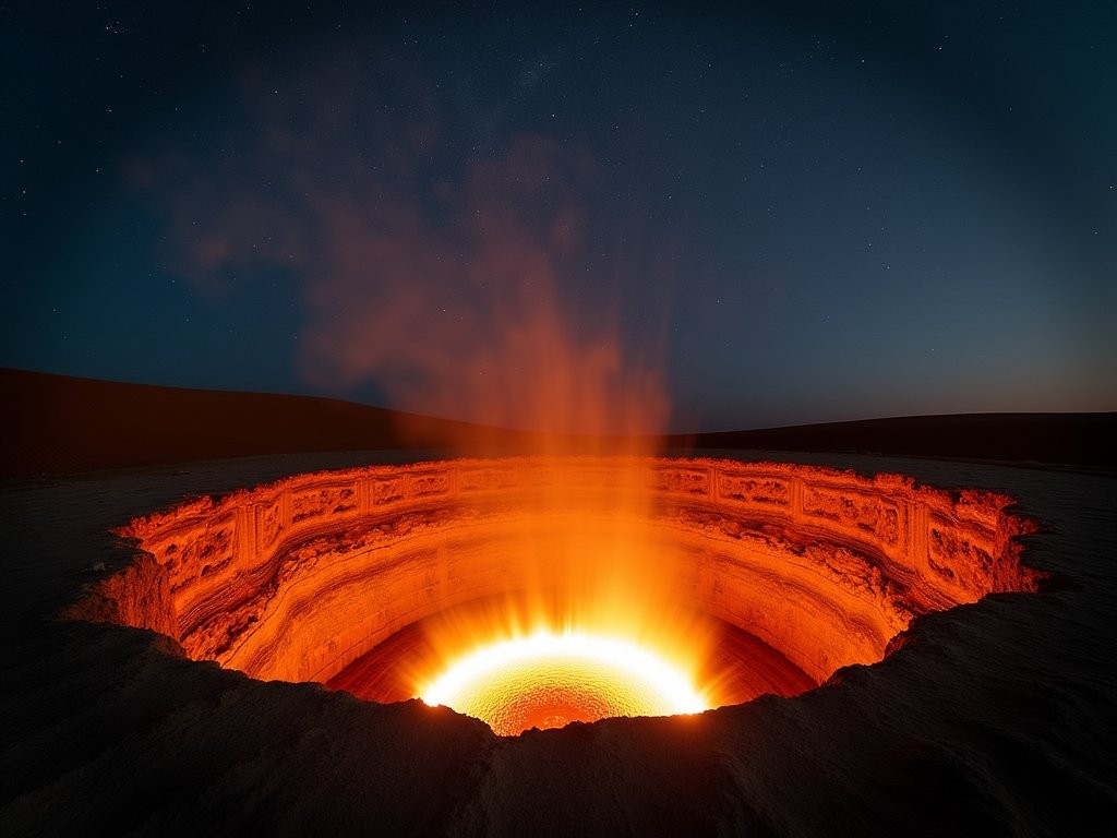 Long exposure night photograph of the Darvaza Gas Crater in Turkmenistan