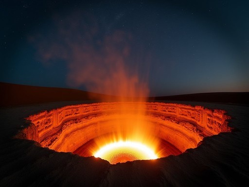 Long exposure night photograph of the Darvaza Gas Crater in Turkmenistan