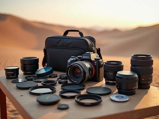 Professional camera equipment arranged for desert photography in Turkmenistan