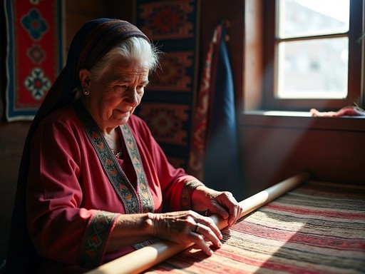 Portrait of elderly Turkmen carpet weaver with traditional dress and intricate carpet
