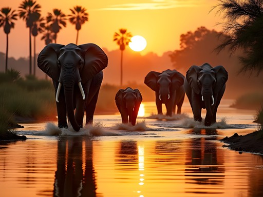 Elephants crossing water channel in Okavango Delta during golden hour