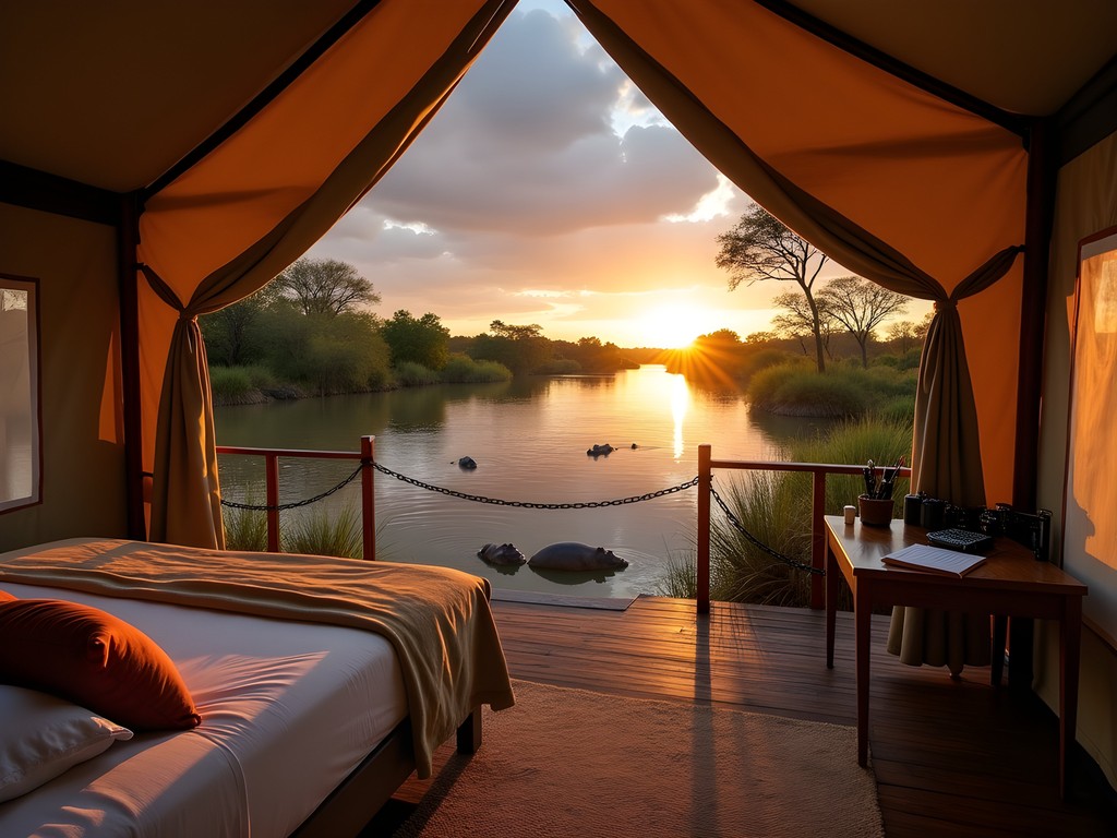 Luxury tented camp in Okavango Delta at sunset