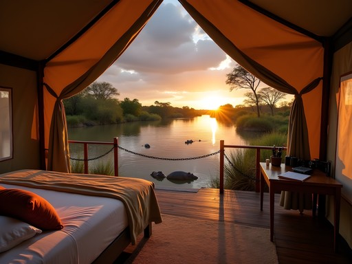 Luxury tented camp in Okavango Delta at sunset