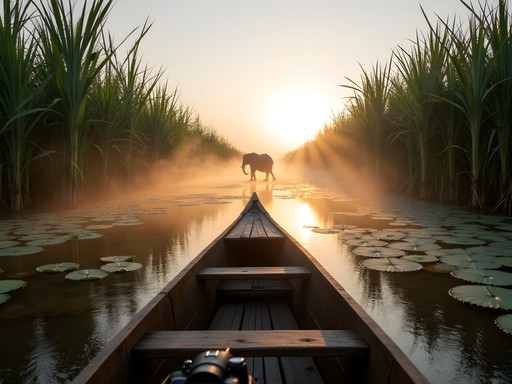 Photographer shooting from mokoro in Okavango Delta channel