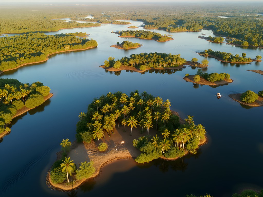 Aerial photograph of Okavango Delta waterways and islands