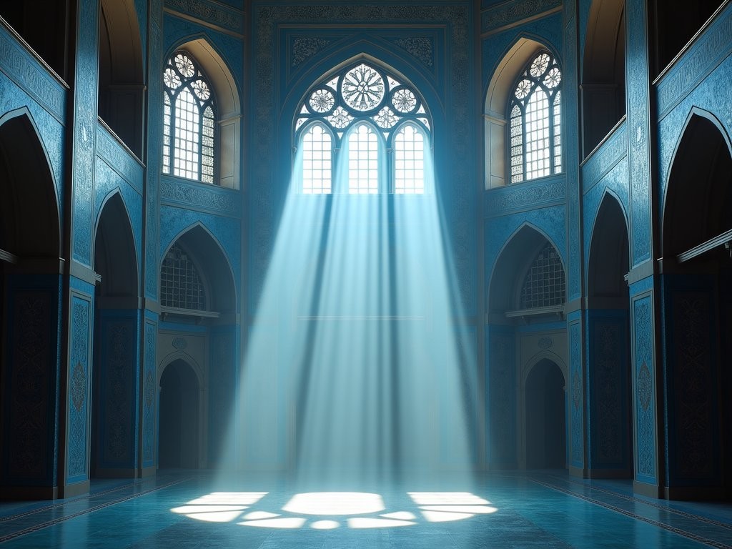Sunbeams streaming through windows illuminating the ornate interior of the Blue Mosque