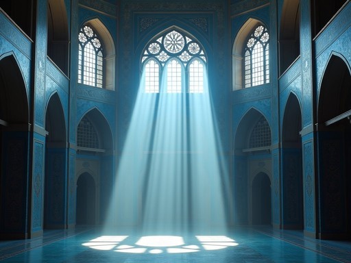 Sunbeams streaming through windows illuminating the ornate interior of the Blue Mosque