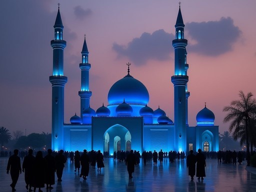 Silhouettes of worshippers in the courtyard of the Blue Mosque at dusk with glowing minarets
