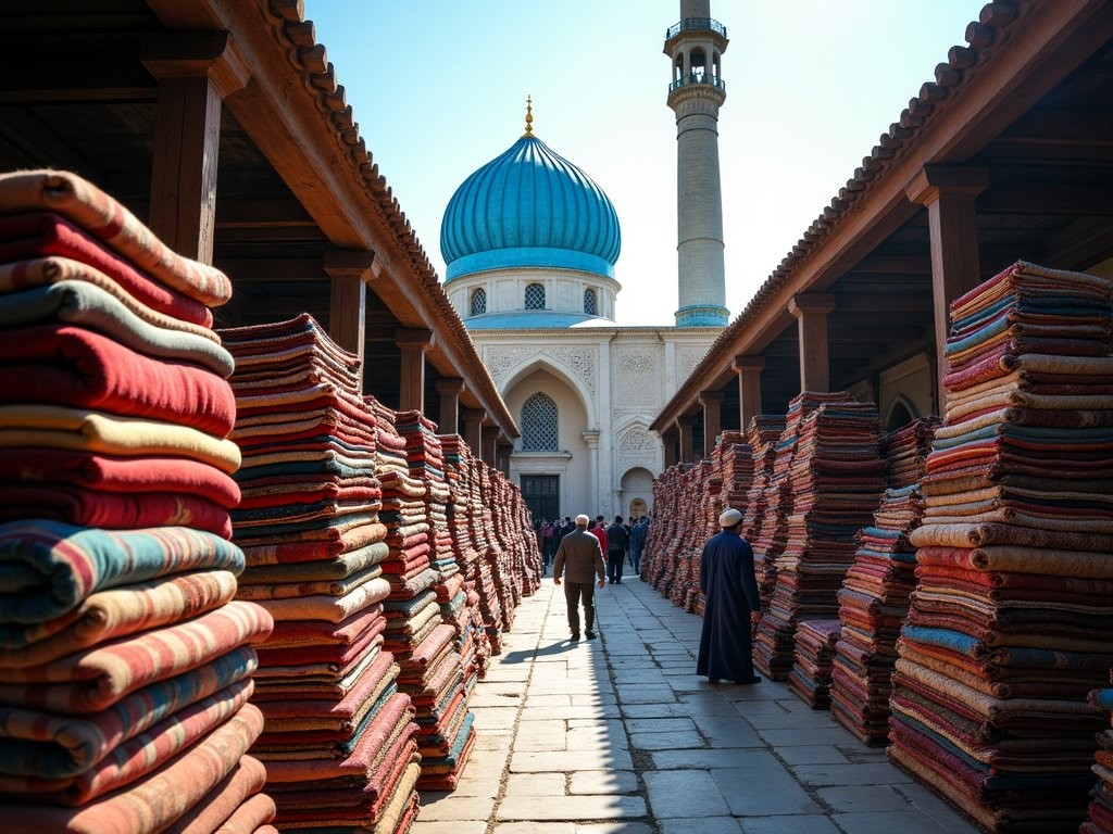 Colorful carpet bazaar in Mazar-i-Sharif with the blue domes of the mosque visible in the background