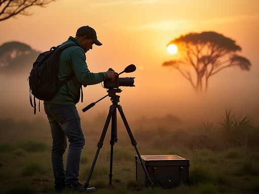 Travel photographer setting up equipment during golden hour in rural Uganda