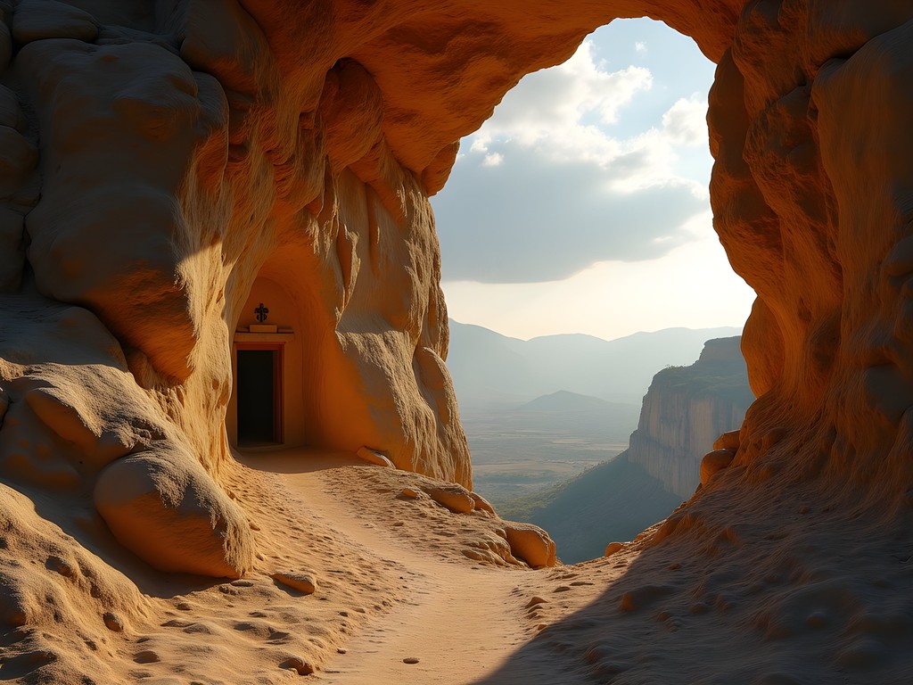 Dramatic cliff entrance to Abuna Yemata Guh church in Tigray Ethiopia