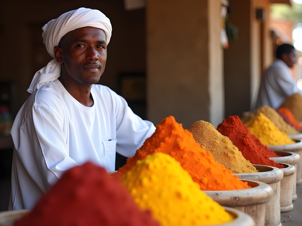 Ethiopian spice merchant with colorful display of spices in Mekelle market