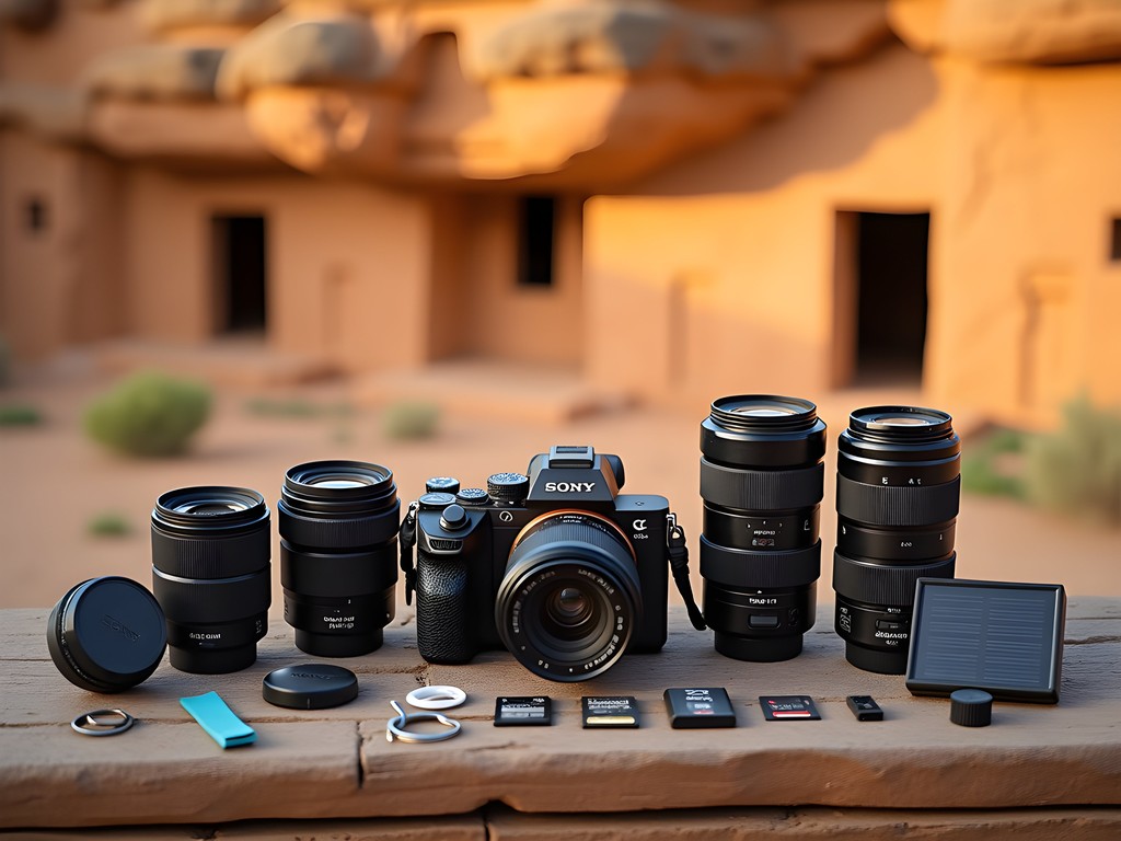Photography equipment laid out for Tigray expedition with ancient church backdrop
