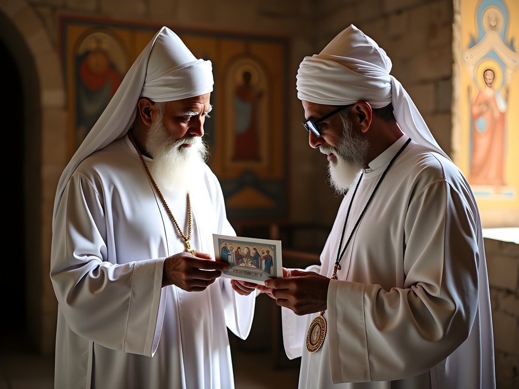 Elderly Ethiopian Orthodox priest examining photograph with photographer in ancient Tigray church