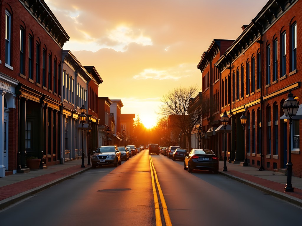 Historic Main Street Middletown Delaware at sunrise with golden light on Victorian buildings