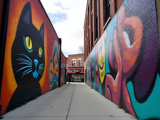 Vibrant street art murals in Milwaukee's Black Cat Alley with colorful designs