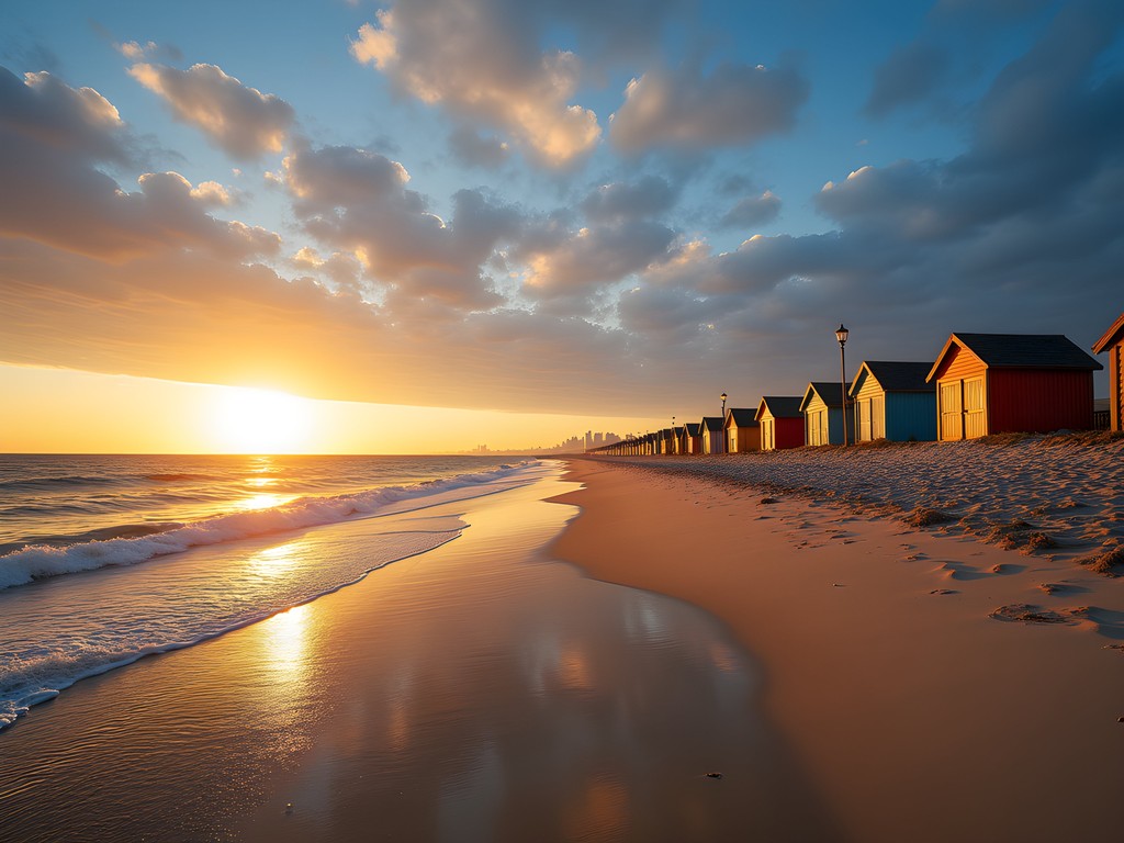 Golden sunrise over Lake Michigan at Bradford Beach with Milwaukee skyline visible in the distance