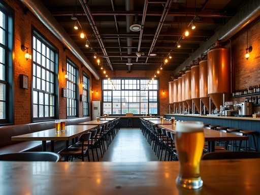 Industrial chic interior of Lakefront Brewery in Milwaukee with copper brewing vessels and exposed brick
