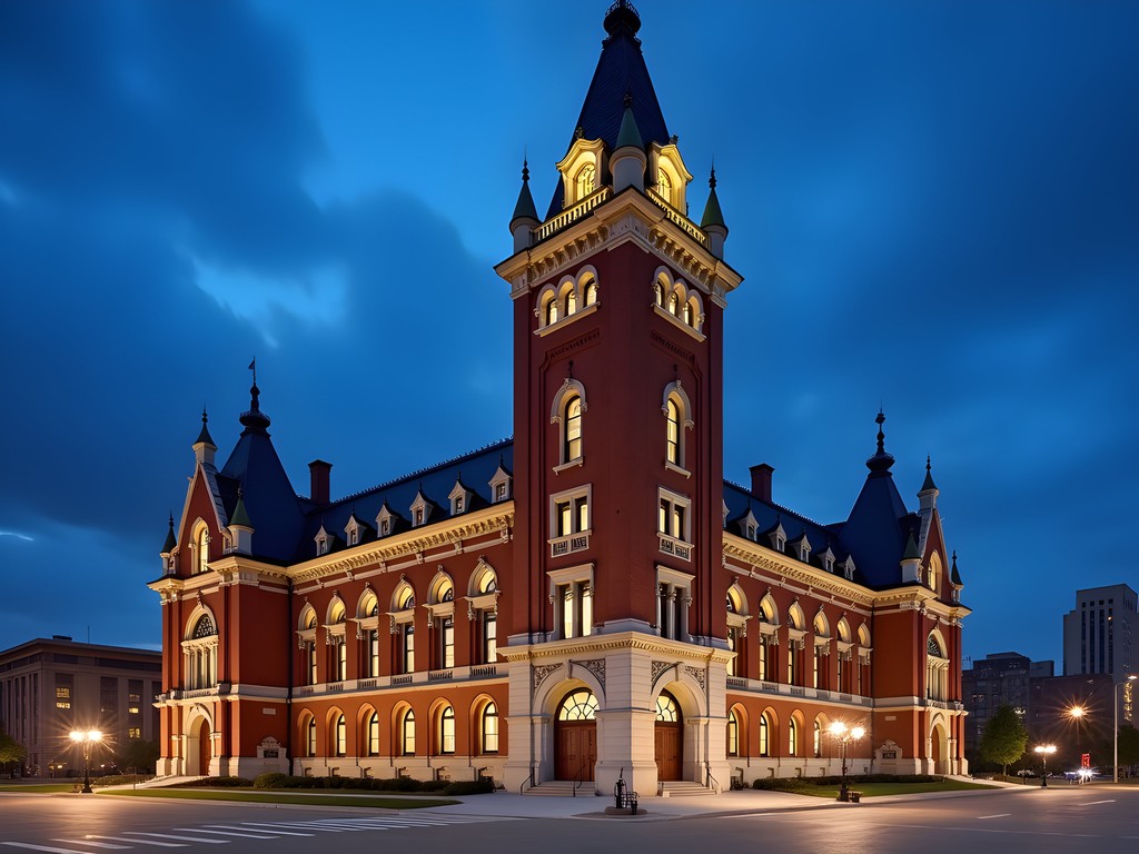 Milwaukee City Hall illuminated at blue hour with its distinctive bell tower and German Renaissance architecture