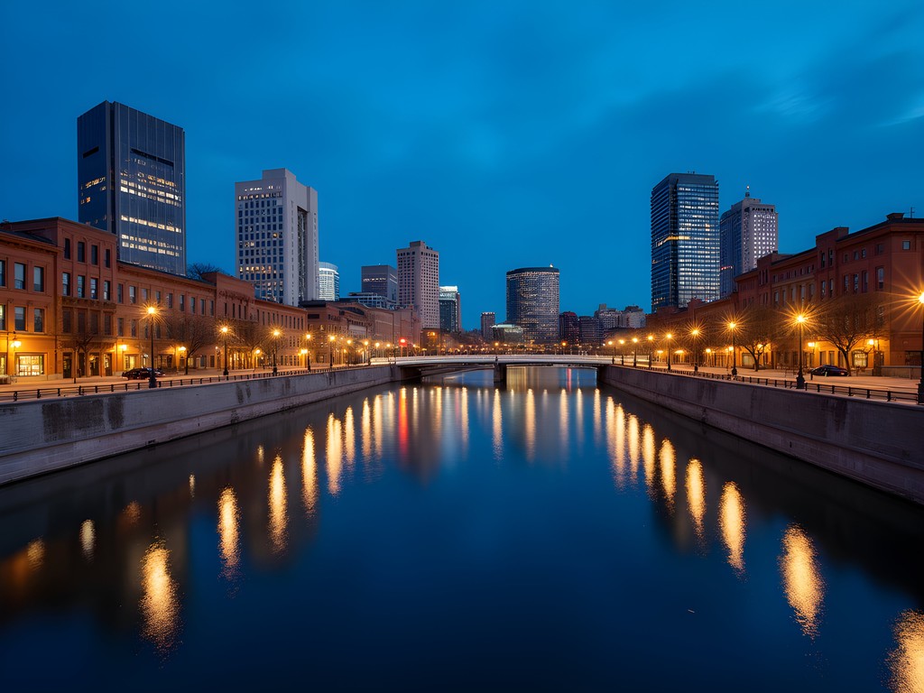 Milwaukee RiverWalk at blue hour with illuminated buildings reflecting in the water