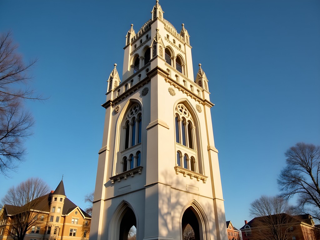 Historic North Point Water Tower in Milwaukee with Victorian Gothic architecture against blue sky