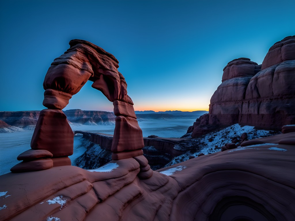 Double Arch photographed during blue hour with stars still visible in sky