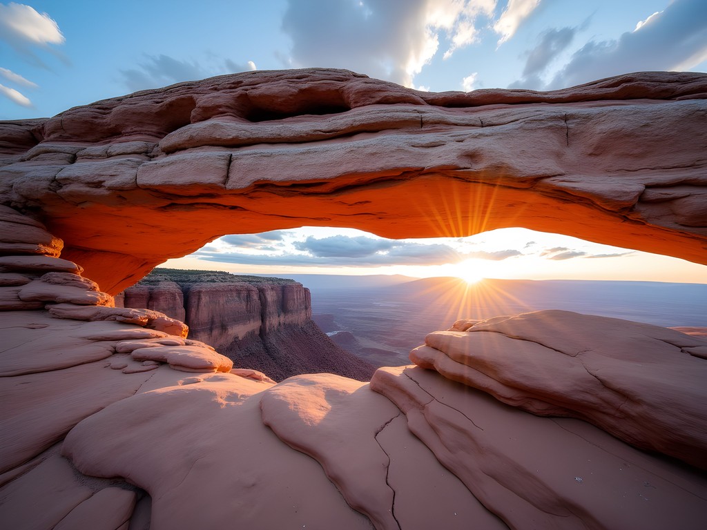 Photographer capturing Landscape Arch at sunrise with proper desert gear