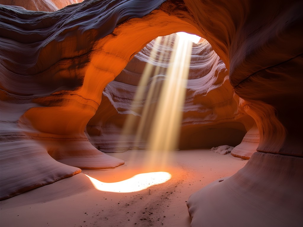 Hidden arch in Fiery Furnace with dramatic light shaft