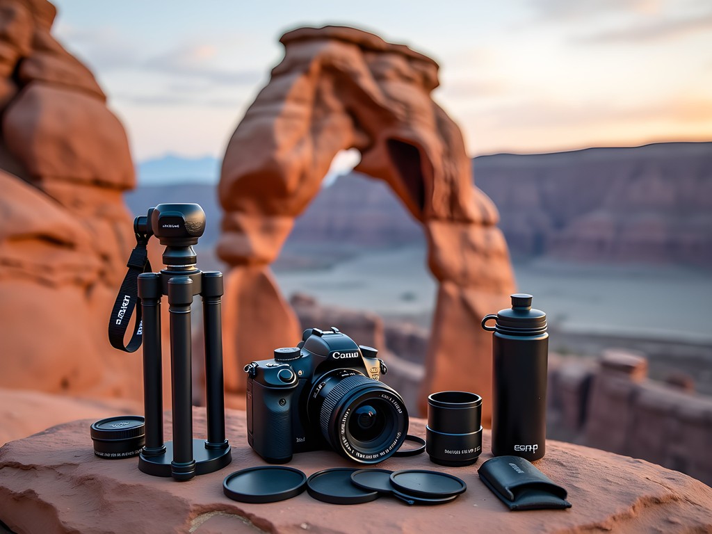 Photography equipment laid out on red rock with Turret Arch visible in background