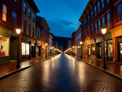 Main Street in Montpelier at night with historic buildings illuminated and reflections on wet pavement