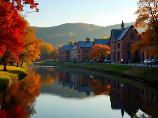Perfect reflections of autumn foliage and historic buildings in the Winooski River in downtown Montpelier