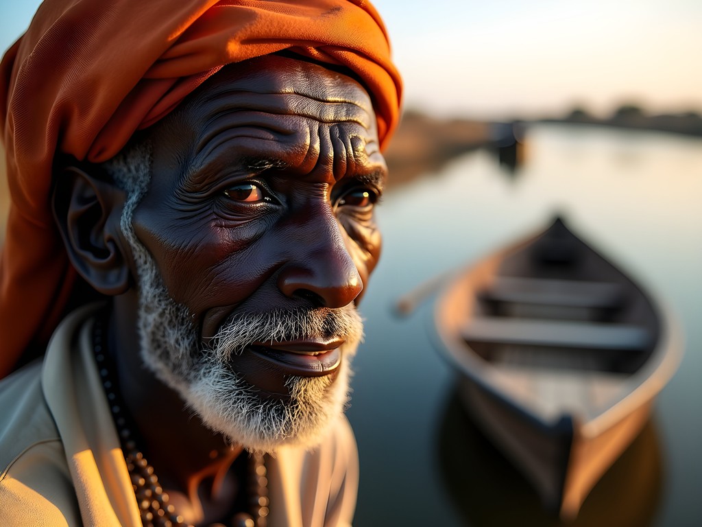 Portrait of elderly Bozo fisherman with weathered face against Niger River background