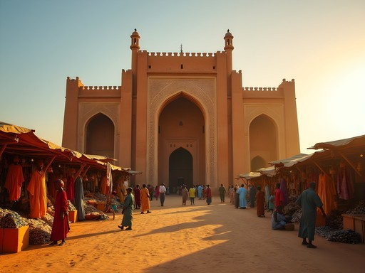 Great Mosque of Djenné towering over busy Monday market at sunrise